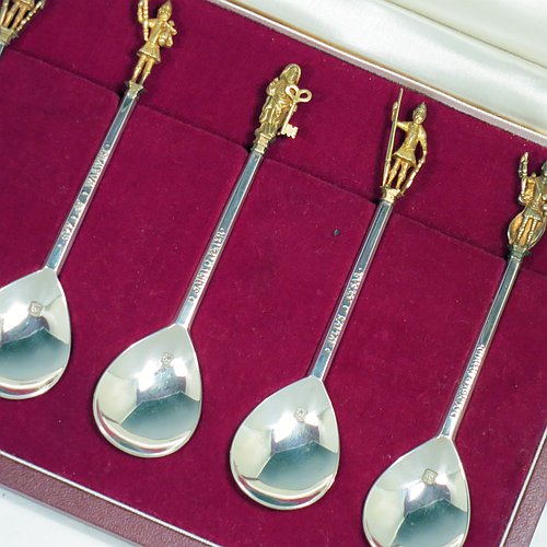 A Sterling Silver set of The Tichborne Spoons. A historic edition of the famous Elizabethan made spoons, with cast gold-gilt figural terminals, including King Arthur, Charlemagne, Guy of Warwick, Alexander the Great, Julius Caesar, Hector of Troy, King David, Joshua and Judas Maccabeus, Queen Elizabeth I, St. Peter, and Christ. All in there original white satin and maroon velvet presentation box. Made by C. J. Vander of London in 1977. The dimensions of this fine hand-made set of silver Titchborne spoons are length of each spoon 12 cms (4.75 inches), and the total weight is approx. 295g (9.5 troy ounces).