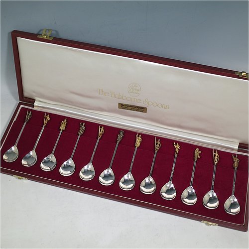 A Sterling Silver set of The Tichborne Spoons. A historic edition of the famous Elizabethan made spoons, with cast gold-gilt figural terminals, including King Arthur, Charlemagne, Guy of Warwick, Alexander the Great, Julius Caesar, Hector of Troy, King David, Joshua and Judas Maccabeus, Queen Elizabeth I, St. Peter, and Christ. All in there original white satin and maroon velvet presentation box. Made by C. J. Vander of London in 1977. The dimensions of this fine hand-made set of silver Titchborne spoons are length of each spoon 12 cms (4.75 inches), and the total weight is approx. 295g (9.5 troy ounces).