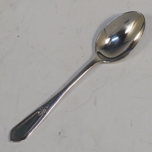 An elegant Antique Sterling Silver set of twelve teaspoons or coffee spoons, having plain oval bowls, and handles with a single-struck floral pattern, all in a cream satin and black velvet-lined presentation box. These pretty silver spoons were made by Allen and Darwin of Sheffield in 1912. The dimensions of this fine hand-made set of coffee spoons or teaspoons are length of each spoon 10 cms (4 inches), and the total weight is approx. 94g (3 troy ounce).   