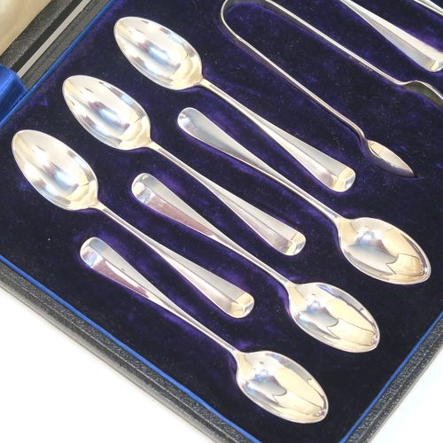 A beautiful Antique Edwardian Sterling Silver set of twelve teaspoons or coffee spoons and sugar nips in the Rattail Hanoverian pattern, all in their original cream satin and blue velvet-lined presentation box. This elegant set of antique silver spoons and sugar nips were made by Marin and Hall of Sheffield in 1905. The dimensions of this fine hand-made set of Rattail coffee spoons or teaspoons are length of each spoon 11 cms (4.3 inches), and the total weight is approx. 142g (4.6 troy ounce).   