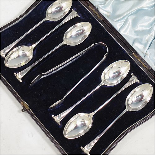 An Antique Victorian Sterling Silver set of six teaspoons and a pair of sugar nips in the Onslow pattern, having plain oval bowls, all in their original light blue satin and dark blue velvet-lined presentation box. Made by William Hutton of London in 1894. The dimensions of this fine hand-made antique set of teaspoons are length of each spoon 11 cms (4.25 inches), and the total weight is approx. 80g (2.6 troy ounces).   