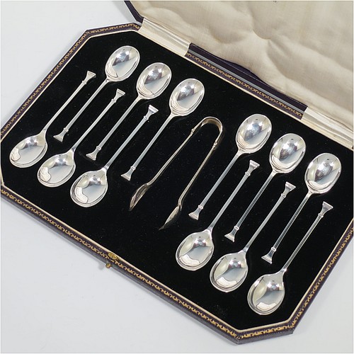 An Art Deco Sterling Silver set of 12 teaspoons or coffee spoons and sugar nips, having plain oval bowls, and handles in the Nail-End pattern, all in original cream satin and black velvet-lined presentation box. Made by the Cooper Brothers and Sons of Sheffield in 1923. The dimensions of this fine hand-made set of coffee spoons or teaspoons are length of each spoon 10 cms (4 inches), and the total weight is approx. 148g (4.8 troy ounce).    