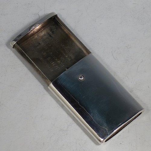 A Sterling Silver Vesta match case, having a plain rectangular shaped body, with pull-out match holder, and a strike plate on one end. Made by Lindsay & Paisley Ltd., of Birmingham in 1925. The dimensions of this fine hand-made silver Vesta case are length 6 cms (2.3 inches), width 4 cms (1.5 inches), and it weighs approx. 40g (1.3 troy ounce). Please note that this item has a presentation inscription inside.